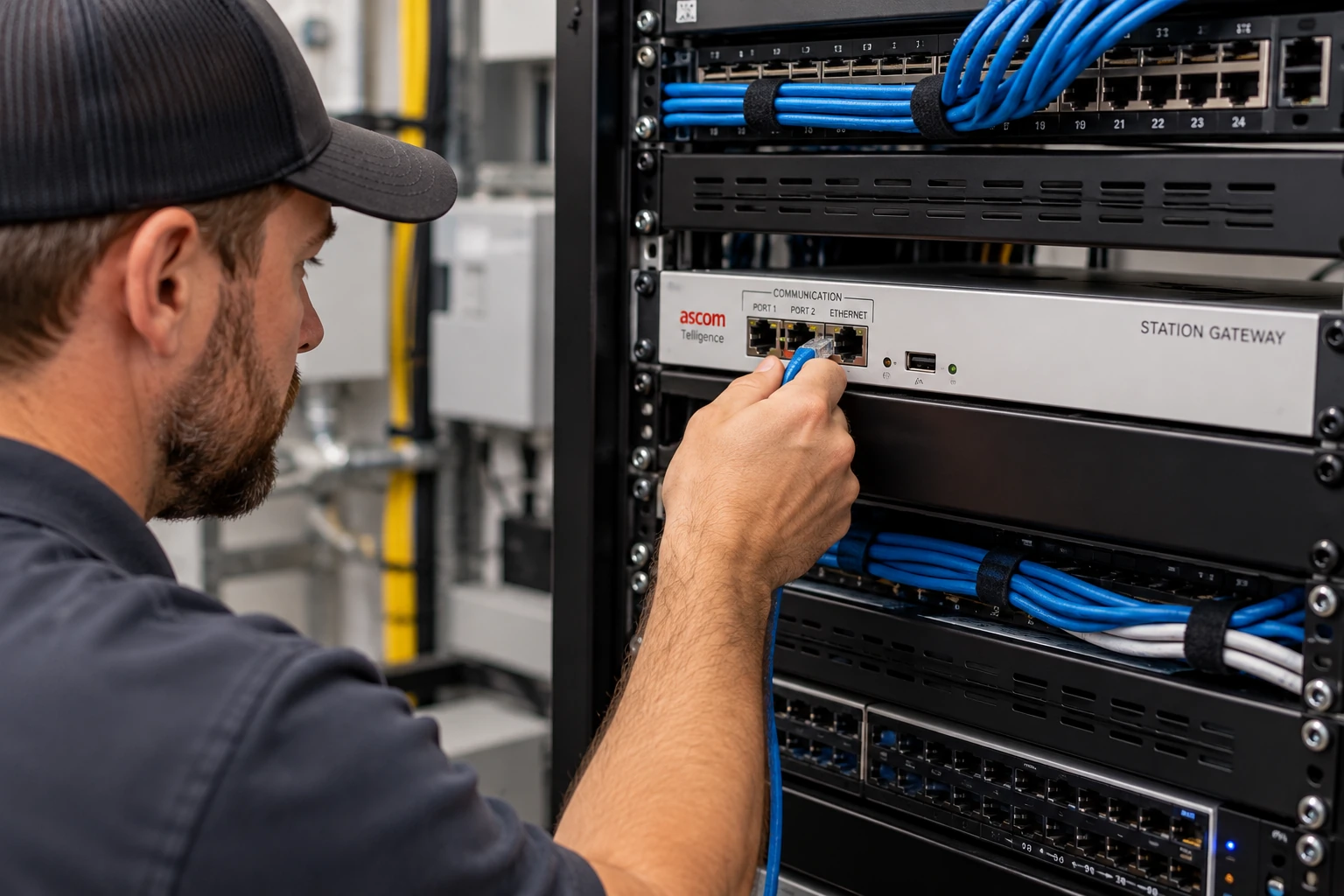 AI-generated illustration of a technician connecting an Ethernet cable to an Ascom Telligence Station Gateway.